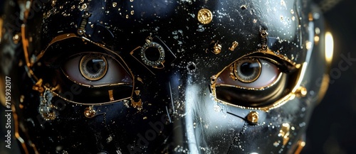An intricately crafted mask, adorned with rich textiles, hides the true identity of its wearer at a grand masquerade ball