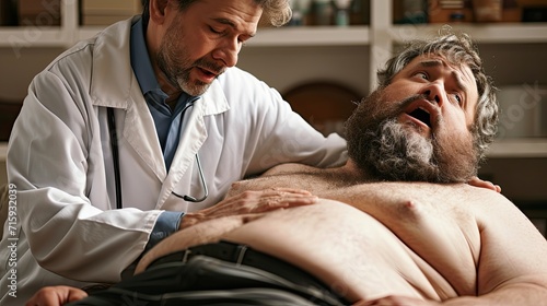 Doctor urgently treats an overweight man with heart problems. photo