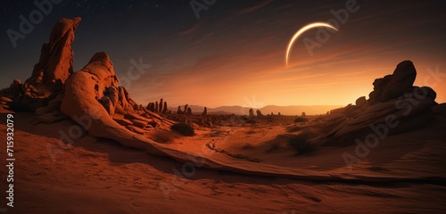 Mesmerizing surreal desert landscape with twisted rock formations illuminated by starlight.