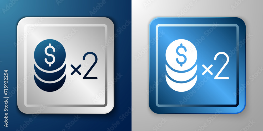 White Casino chip with dollar symbol icon isolated on blue and grey background. Casino gambling. Silver and blue square button. Vector White Casino chip with dollar symbol icon isolated on blue and grey background. Casino gambling. Silver and blue square button. Vector