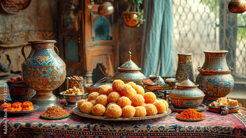 Traditional oriental sweets and ornate pottery on an embroidered tablecloth. Concept of cultural dessert spread, artisan pottery display, Middle Eastern confectionery, and ornamental table setting.