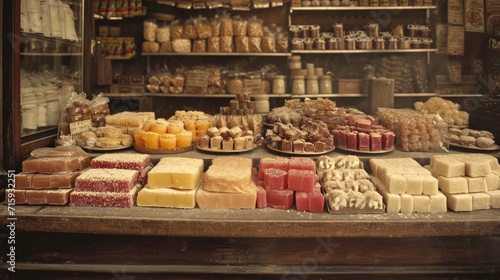 Traditional Eastern sweets in old-fashioned bazaar setting 20th-century. Vintage style with sepia tone. Concept of vintage candy store, nostalgic sweets assortment, antique shop ambiance.