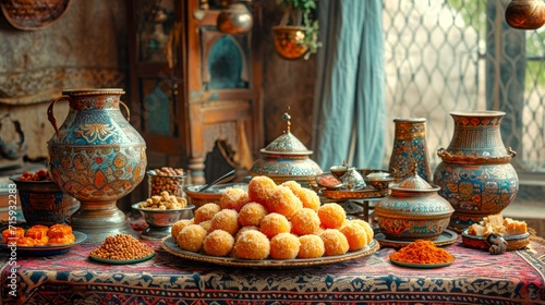 Traditional oriental sweets and ornate pottery on an embroidered tablecloth. Concept of cultural dessert spread, artisan pottery display, Middle Eastern confectionery, and ornamental table setting.