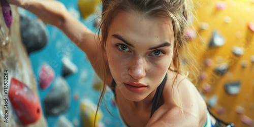 Beautiful woman doing climbing indoors, close up shot photo