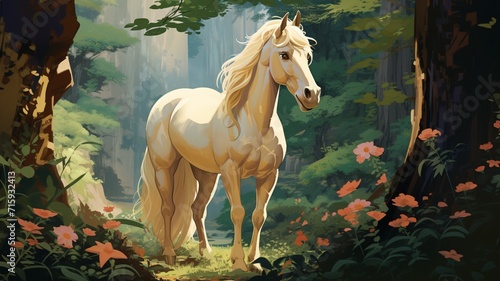 A horse in the forest style of gustave tenn's fairy tales Ai generated art photo