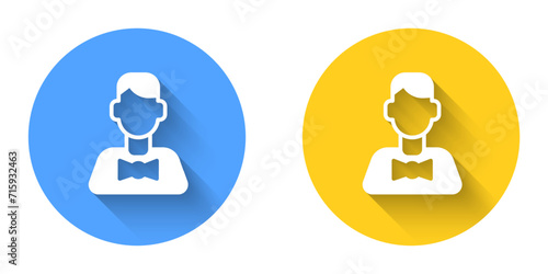 White Casino dealer icon isolated with long shadow background. Casino croupier. Circle button. Vector