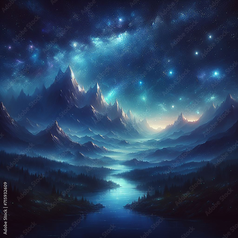 A landscape with a river and mountains and stars