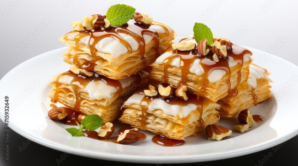 Turkish dessert baklava with honey glaze and nuts. Concept of Mediterranean desserts, sweet pastry indulgence, oriental sweets, and traditional gourmet treat.