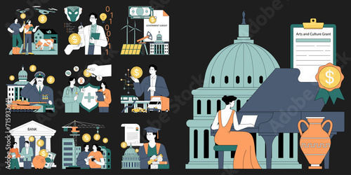 Government subsidy set. Diverse sectors including agriculture, healthcare, energy and military receive financial support. Government budget strategy. Flat vector illustration.