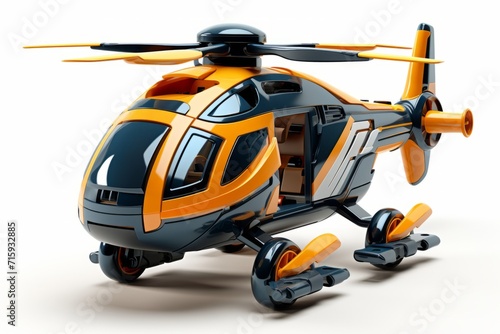 Futuristic orange toy helicopter isolated on a white background. Concept of kids friendly toys, aviation playthings, playful designs, and bright colors