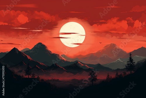 Mesmerizing Towering Mountains Silhouetted Against a Reddish Sky.