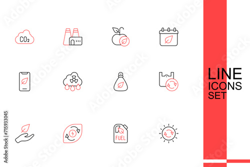 Set line Solar energy panel, Bio fuel canister, Water, Leaf in hand, Shopping bag with recycle, Garbage, Acid rain radioactive cloud and Mobile phone leaf icon. Vector