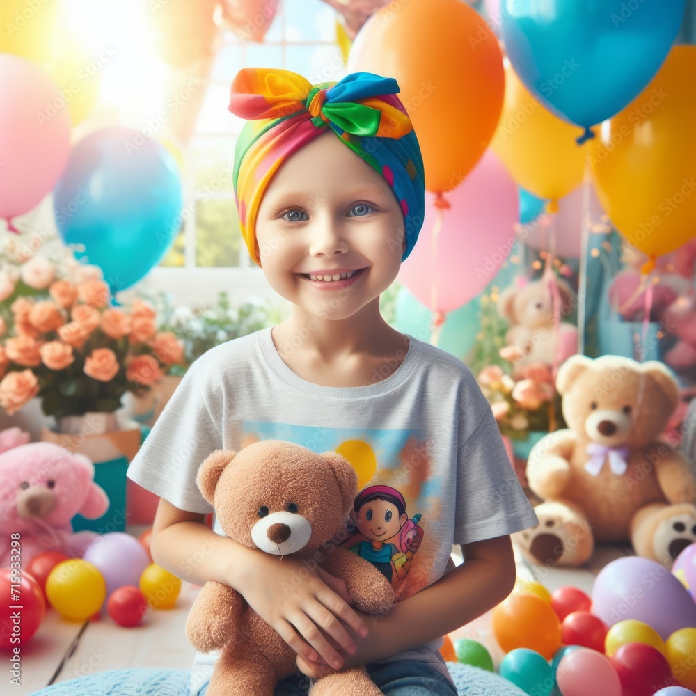 a child with cancer happy and smile in colorful hospital room on her birthday party with toys and toddlers a child with cancer happy and smile in colorful hospital room on her birthday party with toys and toddlers