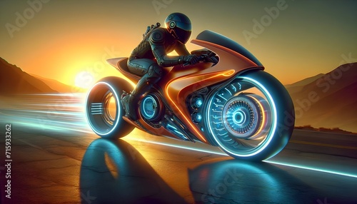 A biker in futuristic armor rides a sleek, modern motorcycle with glowing wheels, racing down a highway at sunset, leaving a trail of light behind. © Mohammed