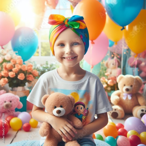 a child with cancer happy and smile in colorful hospital room on her birthday party with toys and toddlers