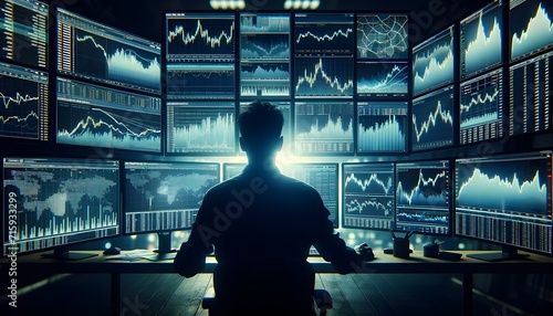 A silhouetted figure studies an array of glowing financial graphs and world maps on multiple screens in a dark, high-tech trading environment. #715933299