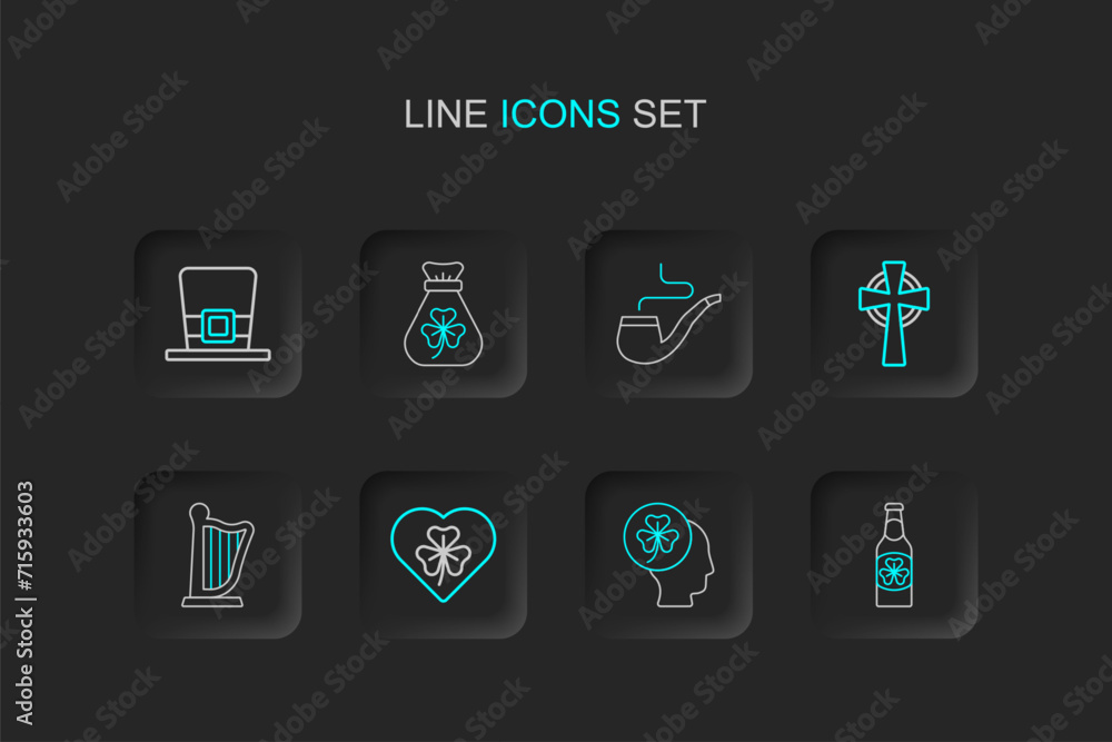 Set line Beer bottle with clover, Head trefoil leaf, Heart, Harp, Celtic cross, Smoking pipe, Money bag and Leprechaun hat icon. Vector Set line Beer bottle with clover, Head trefoil leaf, Heart, Harp, Celtic cross, Smoking pipe, Money bag and Leprechaun hat icon. Vector
