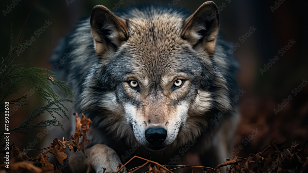Dynamic Shot of a Wolf in the Forest, His Eyes Focused Dynamic Shot of a Wolf in the Forest, His Eyes Focused