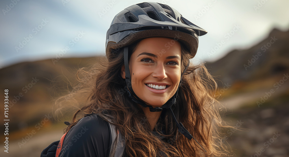 Smiling Woman drive in Mountain Biking on a Mountain Background