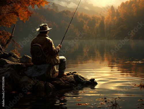 man fishing in the morning on the shore in autumn, autumn, fishing, lake, man, created with Generative AI technology
