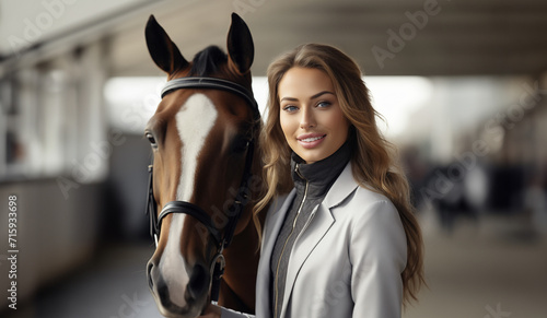 Smiling Woman with a Horse and Riding Gear