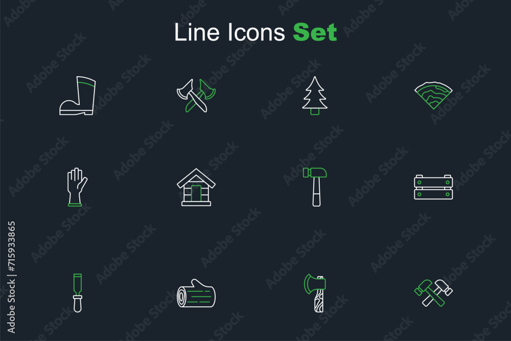 Set line Crossed hammer, Wooden axe, log, Chisel tool, box, Hammer, Dog house and Protective gloves icon. Vector Set line Crossed hammer, Wooden axe, log, Chisel tool, box, Hammer, Dog house and Protective gloves icon. Vector