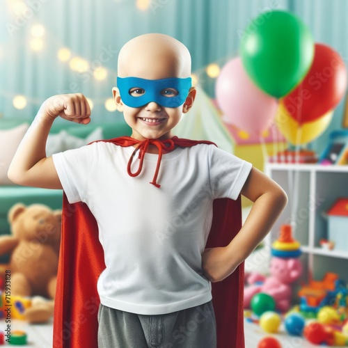 a child with cancer happy and powerful smile in colorful hospital room on his birthday party with toys, toddlers and ballons