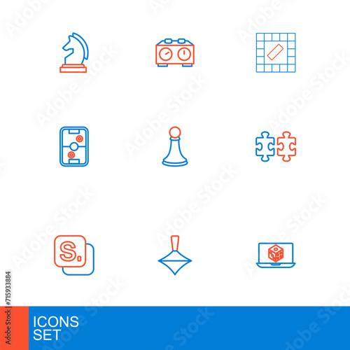 Set line Game dice, Whirligig toy, Bingo, Puzzle pieces, Air hockey table, Chess pawn, Board game and Time chess clock icon. Vector