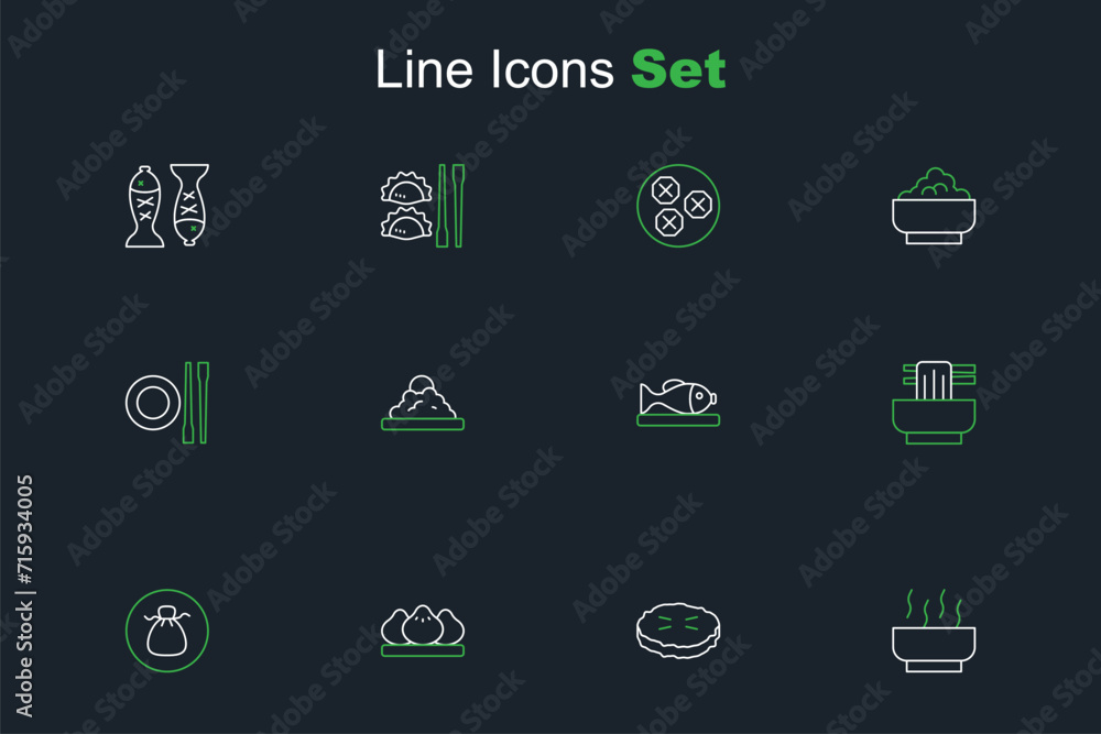 Set line Ramen soup bowl, Homemade pie, Dumpling, Wonton, Asian noodles, Served fish plate, Rice and Food chopsticks with icon. Vector Set line Ramen soup bowl, Homemade pie, Dumpling, Wonton, Asian noodles, Served fish plate, Rice and Food chopsticks with icon. Vector