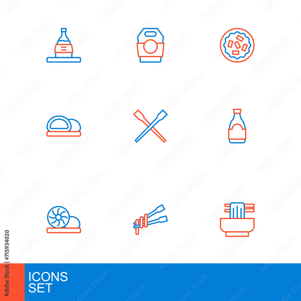 Set line Asian noodles in bowl, Food chopsticks with, Xiao long bao, Soy sauce bottle, Sushi, Homemade pie and paper box icon. Vector Set line Asian noodles in bowl, Food chopsticks with, Xiao long bao, Soy sauce bottle, Sushi, Homemade pie and paper box icon. Vector