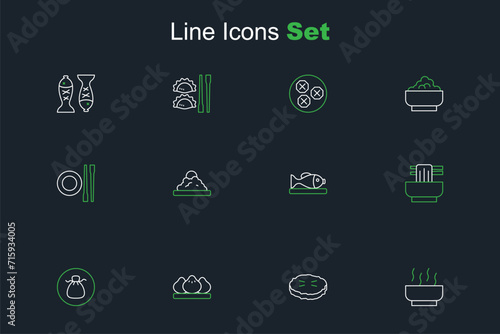 Set line Ramen soup bowl, Homemade pie, Dumpling, Wonton, Asian noodles, Served fish plate, Rice and Food chopsticks with icon. Vector