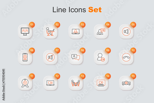 Set line Movie, film, media projector, Video chat conference, Meeting, Web camera, Telephone handset, and Speech bubble icon. Vector