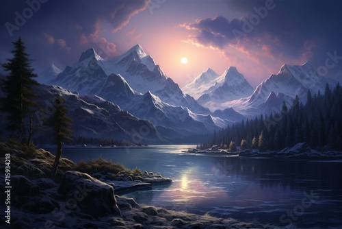 Mesmerizing Twilight Over Snow-Capped Peaks and a Tranquil Lake.