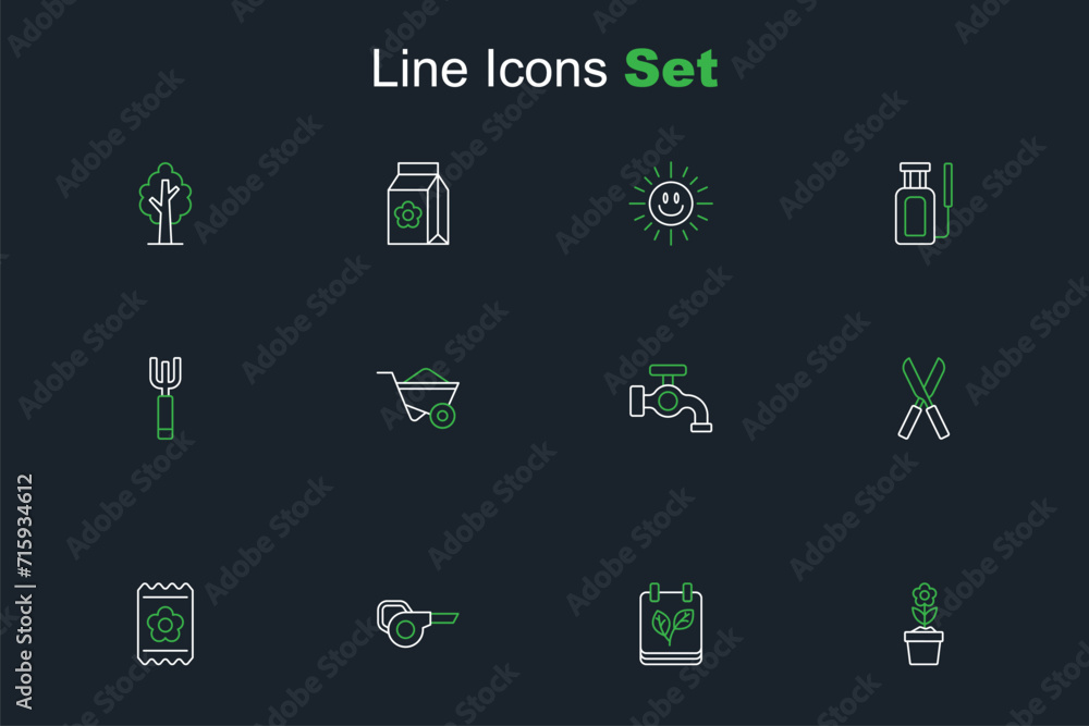 Set line Flower in pot, Calendar with autumn leaves, Leaf garden blower, Pack full of seeds, Gardening scissors, Water tap, Wheelbarrow and pitchfork icon. Vector Set line Flower in pot, Calendar with autumn leaves, Leaf garden blower, Pack full of seeds, Gardening scissors, Water tap, Wheelbarrow and pitchfork icon. Vector