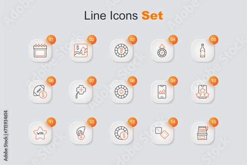 Set line Slot machine, Game dice, Casino chips, Hand holding casino, win, Online sports betting, and icon. Vector
