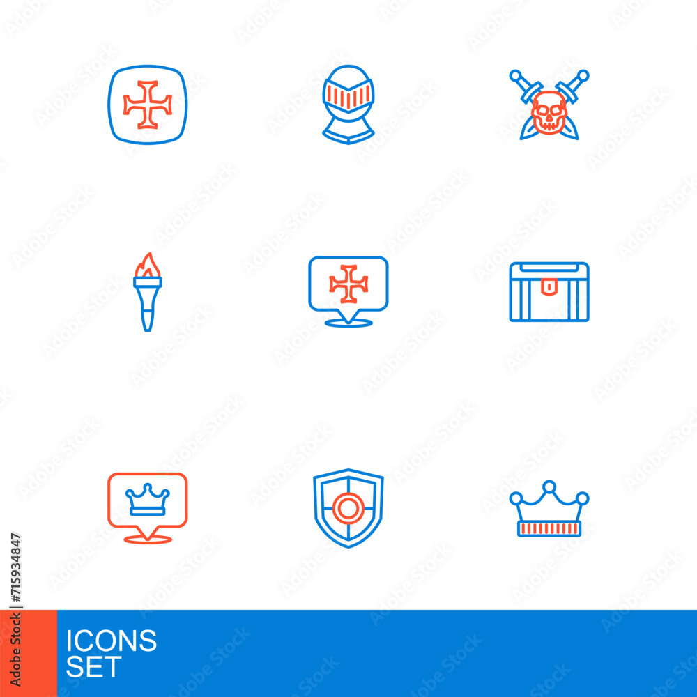 Set line King crown, Shield, Antique treasure chest, Torch flame, Crusade, Skull with sword and Medieval helmet icon. Vector