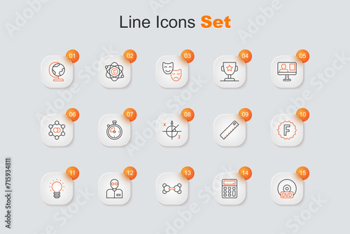 Set line CD or DVD disk, Calculator, Molecule, Teacher, Creative lamp light idea, Exam paper with incorrect answers, Ruler and Trigonometric circle icon. Vector