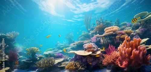 Mesmerizing vibrant coral garden teeming with underwater life in crystal-clear waters. © Riffat