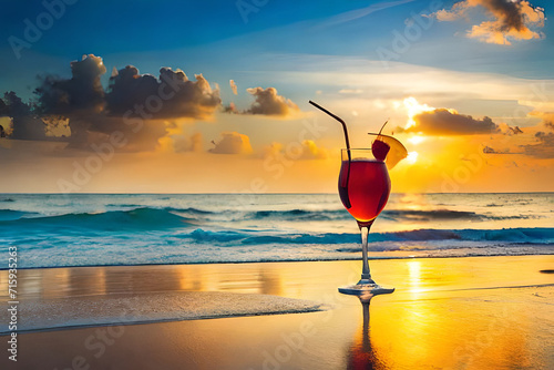 Summer cocktails on luxury tropical beach resort at sunset. Exotic summer drinks cocktails. Youth and summer vacation concept. Party, Vacations, summer holidays, summertime. Generative AI photo