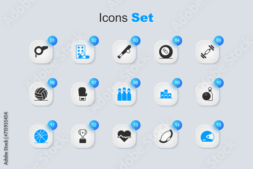 Set Medieval bow, Boxing glove, Sports doping with dumbbell, Basketball ball, Racing helmet, Bowling and, Whistle and icon. Vector