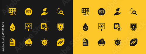 Set Drop and magnifying glass, Acid rain radioactive cloud, Electrical outlet, Solar energy panel, Recycle clean aqua, Leaf hand, and Banner for bio icon. Vector