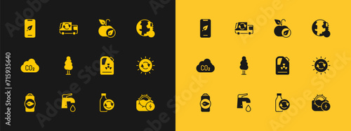 Set Earth melting to global warming, Water tap, Radioactive waste barrel, Recycling plastic bottle, Tree, Apple, Mobile phone with leaf and Garbage truck icon. Vector