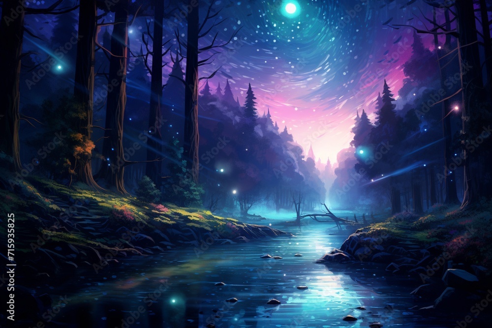 Mesmerizing Twilight Over a Shimmering Blue River Winding Through Forest.