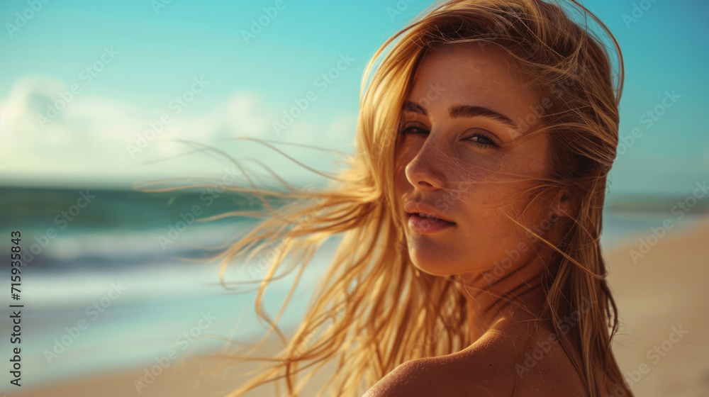 Beautiful young woman standing on the beach with wind blowing her blond hair Beautiful young woman standing on the beach with wind blowing her blond hair