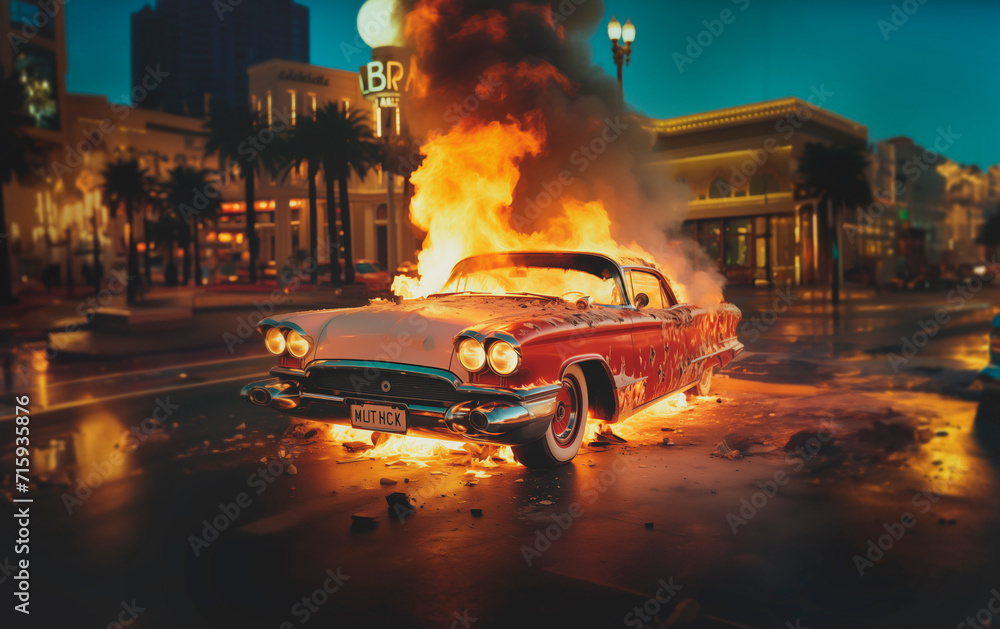 Retro car set on fire Retro car set on fire