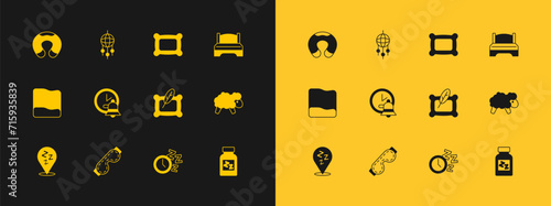 Set Big bed, Eye sleep mask, Pillow, Alarm clock, Travel neck pillow and Dream catcher with feathers icon. Vector