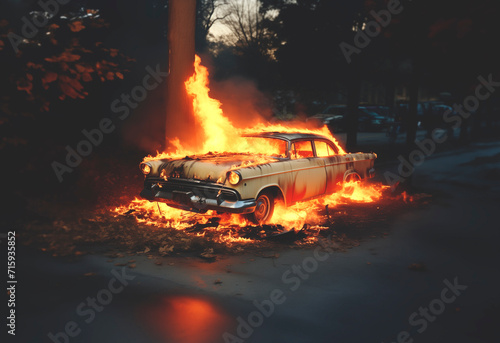 Retro car set on fire