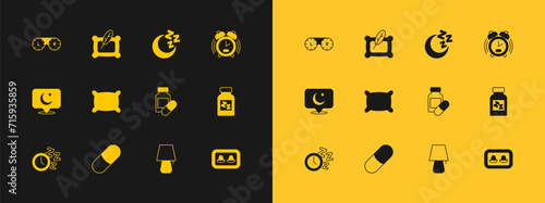 Set Alarm clock, Sleeping pill, Table lamp, Pillow, Moon and stars, Contact lens container and icon. Vector