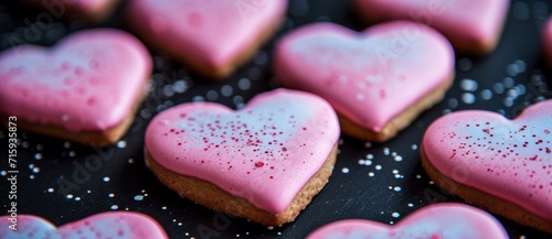 A delightful array of heart-shaped cookies, adorned in shades of pink and sprinkled with sweetness, beckons as a scrumptious treat for any occasion