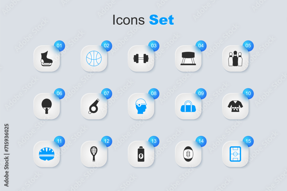 Set American Football ball, Whistle, Basketball, Bicycle helmet, field, Kimono, Skates and Baseball icon. Vector Set American Football ball, Whistle, Basketball, Bicycle helmet, field, Kimono, Skates and Baseball icon. Vector